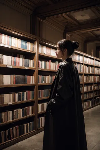 Young woman in a long black coat standing thoughtfully in a library aisle with tall wooden bookshelves filled with books under warm lighting.