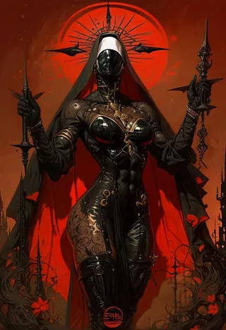 A sci-fi warrior satanic nun clad in a black dark habit catsuit and gold stiletto platform thigh boots, with an eyeless mask and elaborate crown, stands in front of a red eclipse inside a dark cathedral.