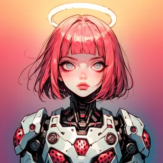 A cyborg girl with strawberry blonde bob cut hair and bangs, wearing intricate mechanical armor with red accents, huge white wings, and a glowing halo, set against a warm gradient background.