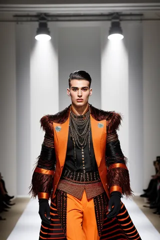 Portrait of a male supermodel wearing an avantgarde futuristic tribal outfit with orange tones and intricate textures on a fashion show catwalk, illuminated by soft lighting.