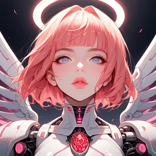 Portrait of a cyborg angel with strawberry blonde hair, white mechanical wings, and a glowing halo against a dark background.