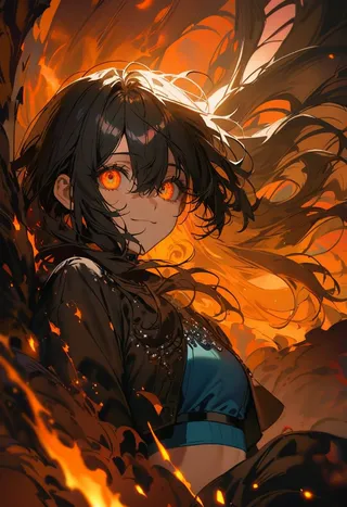 Close-up of anime girl with black hair and orange eyes wearing a blue sequin crop top, surrounded by swirling flames and smoke in a fiery forest scene.
