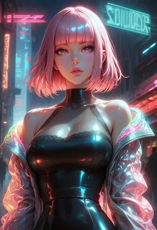 Cyberpunk woman with pale glittery pink hair, holographic jacket, and glossy black dress standing under neon lights in a futuristic cityscape.