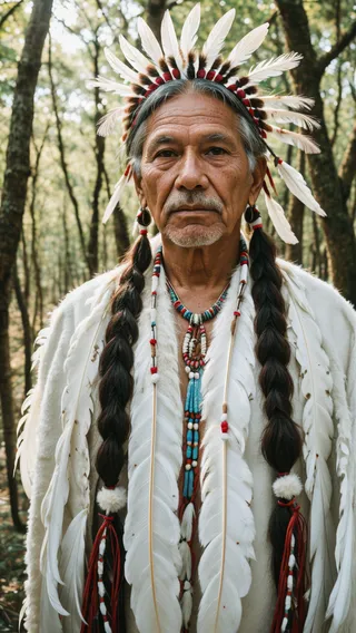 Portrait of a 65-year-old Native American chief wearing a white feather headdress and deer skin clothes, standing in a forest with braided hair and beaded necklace.