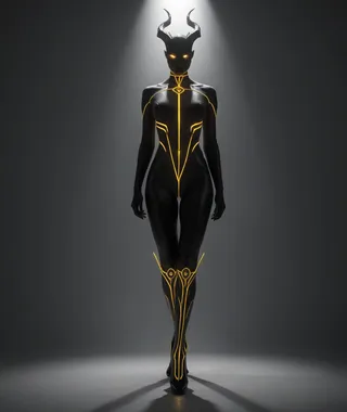 A hyperrealistic black bodysuit demonic figure with curved horns and glowing yellow lines stands centered under a spotlight, casting a shadow on the floor.
