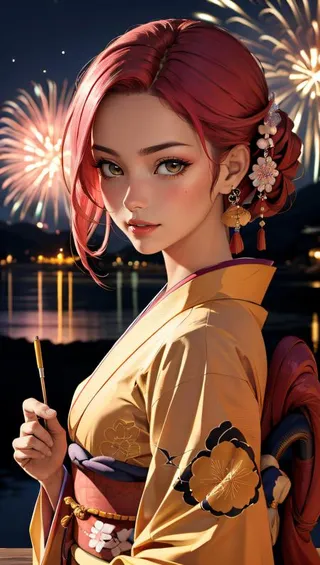 A girl with iridescent pink hair wearing a gold and black traditional Japanese kimono stands at night with fireworks bursting in the Kyoto sky behind her.