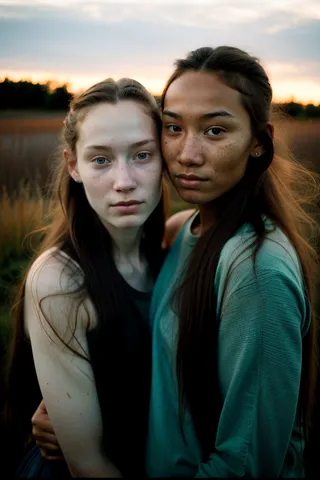 Hyper realistic photograph of two slender Inuit girls with long hair standing close together, captured in soft sunset lighting with realistic skin textures and film grain effect.