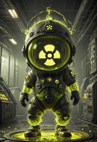Character in a glowing hazmat suit with a large radiation symbol on the helmet, surrounded by yellow toxic glow in an industrial setting.