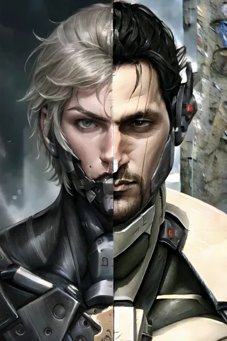 Split screen close-up portrait of two male cyborgs, Raiden with silver hair and Jetstream Sam with dark hair and beard, showcasing detailed mechanical elements.