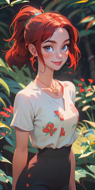 Smiling young woman with red hair in a ponytail, wearing a floral printed blouse and black pants, standing outdoors under dappled sunlight.