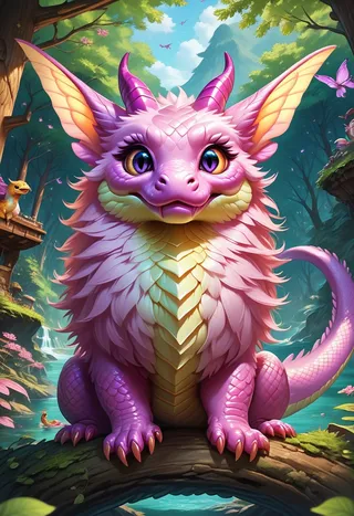 Adorable pink and purple hybrid dragon creature with fluffy scales and large expressive eyes sitting on a log in a vivid enchanted forest