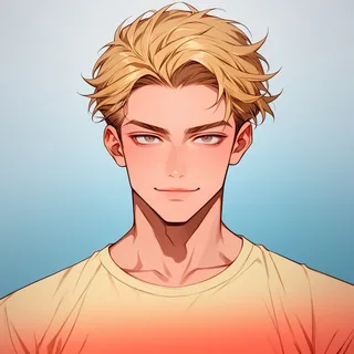Portrait of a handsome young boy with blonde hair and a subtle smirk wearing a color gradient shirt against a soft gradient background.