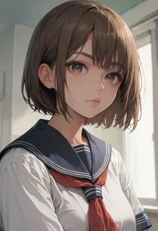 Portrait of a girl with brown bob cut hair, wearing a traditional high school uniform with a navy collar and red necktie, looking at the viewer with haze eyes and thick eyebrows.