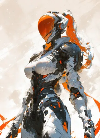 Highly detailed digital painting of a female warrior in futuristic mechanized armor with an orange helmet and a long pink ponytail