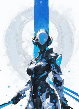 Futuristic female android standing in black and white armor with prominent blue highlights, holding a weapon against a geometric circular tech background.