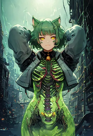 A half-body image of a cat girl with green hair, yellow eyes, and transparent skin revealing a glowing skeleton, posing with arms up against a green neon-lit futuristic Tokyo city backdrop featuring brutalist architecture.