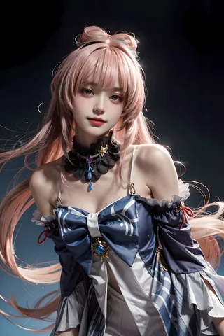 Portrait of Sangonomiya Kokomi with pink hair styled in bows, wearing a blue off-shoulder dress with a large bow, standing against a dark background.