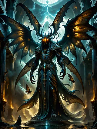 Majestic elder god Spiteflayer with huge moth-like wings, glowing eyes, and ornate eldritch armor hovering in a mythical temple amid an otherworldly thunderstorm.