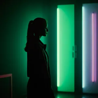 Silhouette of a person standing indoors in a dark room, illuminated by neon green and pink vertical lights, featuring cinematic film grain and moody lighting.