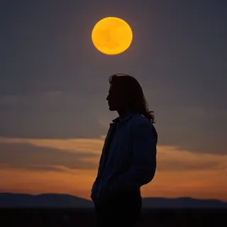 Silhouette of a person standing outdoors against a dramatic orange sun at sunset with cinematic backlighting and moody film grain effects.