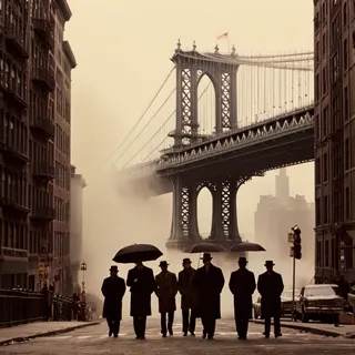 Sepia-toned cinematic view of a group of men in vintage attire walking on a city street under foggy skies with Manhattan Bridge in the background.