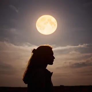Silhouette of a person with long hair standing outdoors against a large glowing full moon, under a moody sky with soft clouds and sunset hues in warm orange tones.