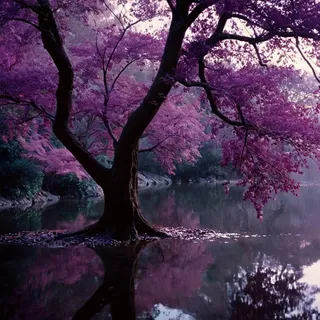 A cinematic film still showing a large purple-leafed tree reflected in calm water under chiaroscuro lighting, with a moody, detailed Kodak color film style.