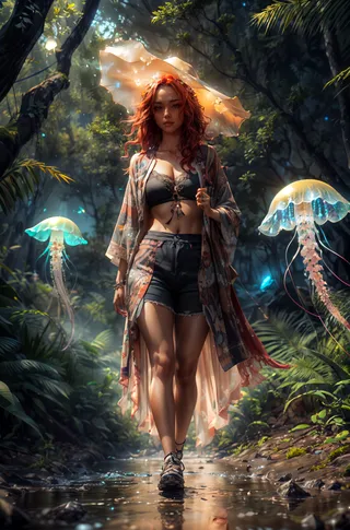 A Brazilian woman with vivid red hair walks through a glowing forest cave, surrounded by luminescent jellyfish and lush greenery under soft ambient lighting.