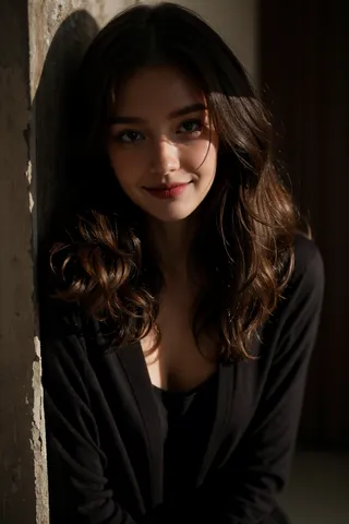 Portrait of a girl with curly hair smirking softly, illuminated by natural light against a dark, shadowed background.