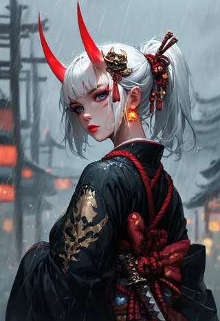 A striking samurai girl with glowing red oni horns and white hair tied in a ponytail, wearing a black kimono with red ropes and gold details, standing in the rain with a blurred urban background.
