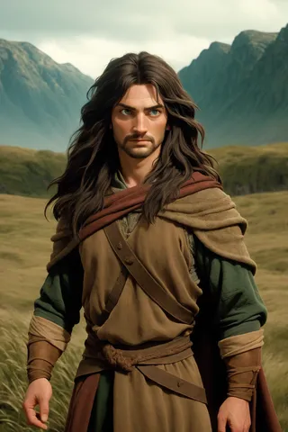 Portrait of Aragorn warrior from Lord of the Rings with long dark hair, medieval outfit, set against a mountainous landscape with film grain effect.