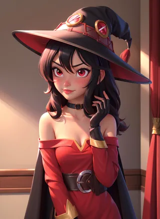 Megumin with black hair, red eyes, wearing an off-shoulder red dress, black gloves, and a black witch hat, standing indoors with a soft light background.