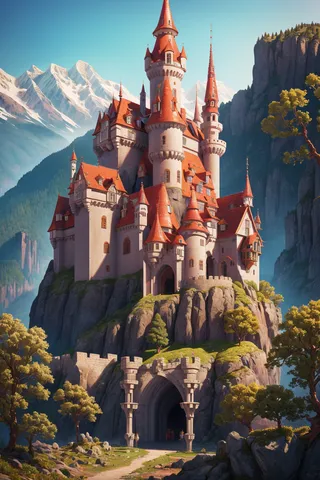 A detailed forbidden castle with red roofs situated high on rocky mountains surrounded by pine trees and snow-capped peaks under a clear blue sky.
