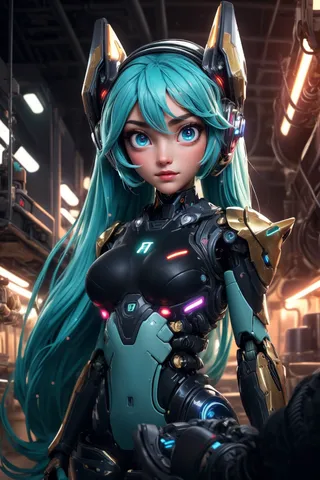 Portrait of Hatsune Miku with blue hair and detailed bright blue eyes wearing sci-fi black and gold robot armor with neon lights, set in a futuristic factory.