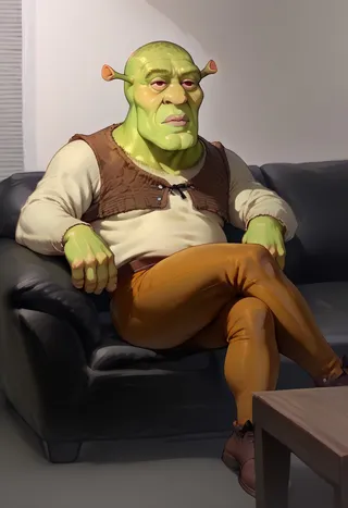 A humanoid figure resembling Shrek with green skin, sitting cross-legged on a black couch, wearing a brown vest and orange pants, looking past the viewer.