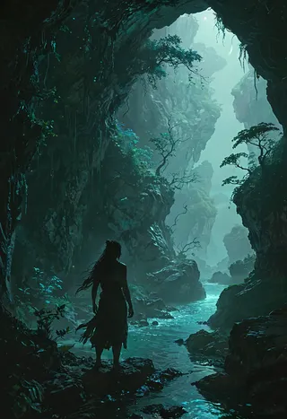 Mystical silhouette figure stands at the edge of a glowing turquoise river inside an ethereal jungle cave, surrounded by lush flora and illuminated by an otherworldly turquoise moon.