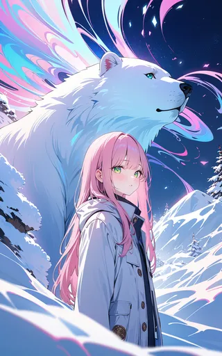 A pink-haired girl in a winter coat stands in a snow-covered Arctic landscape with a large white polar bear behind her, surrounded by vibrant swirling psychedelic colors.