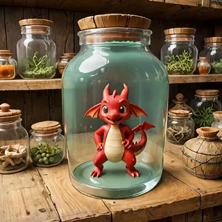 Cute small red dragon with big eyes inside a large glass jar on a wooden shelf surrounded by other jars containing plants and herbs.