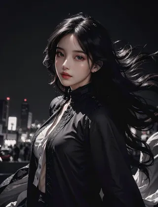A realistic portrait of a woman with black long hair and flowing fabrics in strong wind, captured with dramatic high-contrast lighting in a city at night.