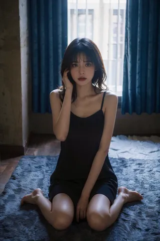 A young woman with messy hair and a sad expression wearing a black nightgown kneeling on a dark blue rug in a dimly lit empty room with dark blue curtains and soft natural light from a window with transparent curtains behind her.