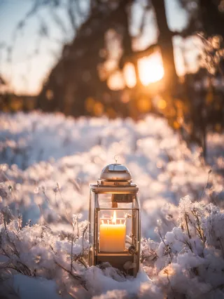 A metal lantern with a lit candle inside sits on snowy ground with soft bokeh sunlight and blurred winter trees in the background.
