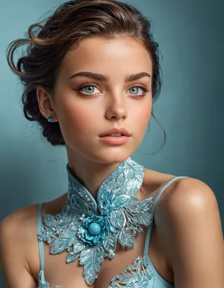 Hyper-realistic portrait of a fashion model with a blue floral necklace, wearing a pale blue dress against a muted blue background, showcasing dramatic lighting and detailed features.