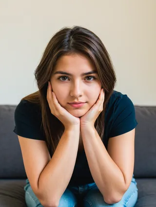 Young woman with long dark hair sitting on a couch, resting her face on her hands, looking directly at the camera.