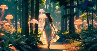 Photorealistic image of a young Japanese woman in a colorful sundress walking on a forest path surrounded by glowing jellyfish under natural lighting.