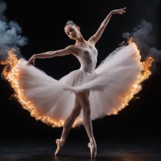 A ballerina in a white tutu and pointe shoes gracefully poses in a classic ballet position, with the edges of her tutu engulfed in flames and surrounded by smoke against a black background.