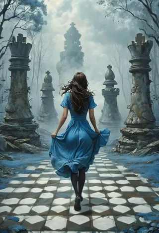 A woman in a flowing blue dress with long dark brown hair runs away through a foggy forest filled with giant stone chess pieces on a tiled chessboard floor under a cloudy sky.
