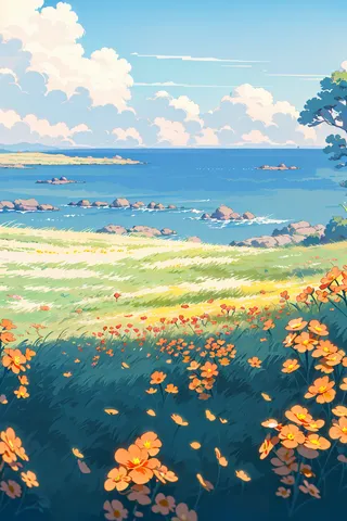 Bright flower field with orange flowers in the foreground, grassy meadow, rocky shoreline, and calm ocean under a blue sky with fluffy clouds.