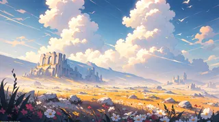 A detailed, wide-angle illustration of grassy plains with colorful flowers in the foreground, ancient ruins in the distance, under a daytime sky filled with large fluffy clouds.