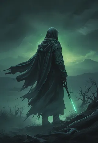A shadowy figure wearing a dark, tattered cloak stands on a desolate, muddy heath under stormy twilight skies, holding a glowing green sword surrounded by green mist and dramatic lighting.
