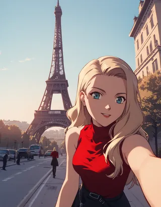 Anime-style blonde girl taking a selfie in front of the Eiffel Tower wearing a red sleeveless turtleneck shirt and black skirt under a clear blue Paris sky.